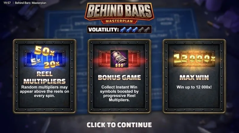 Behind Bars Masterplan - hovedmeny med tre karakterer