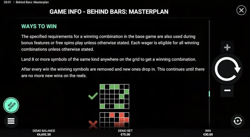 Behind Bars Masterplan - oversikt over vinnerlinjer og kombinasjoner